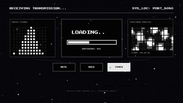 Retro pixelated digital interface displaying data transmission loading progress and audio spectrum profile with interactive console buttons