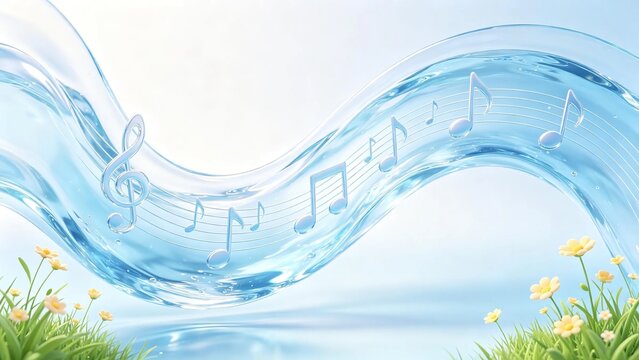 Abstract 3d glass water wave shaped musical staff with crystal music notes and small yellow flowers on green grass showing fresh beautiful nature connected music concept