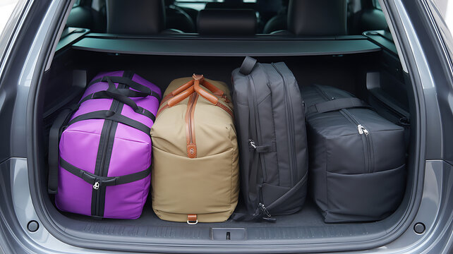 Four pieces of luggage including a bright purple duffel bag and a tan canvas bag are neatly 