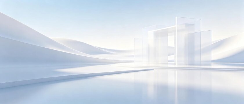 Minimalist abstract modern landscape with smooth white curved sand dunes and transparent glass rectangular panels on glossy reflective ground under soft clear sky showing clean elegant 3d design