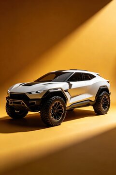 Modern futuristic luxury white off-road suv concept car with large black wheels shown in front three quarter view against warm yellow gradient studio background showing future automotive design