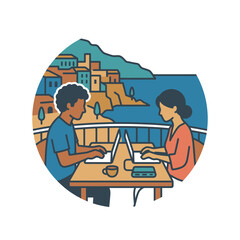 Fototapeta premium Man and woman working remotely on scenic balcony.