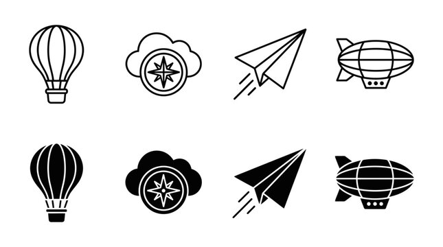 Vector icon set featuring hot air balloons compass clouds paper airplanes and airships for travel and navigation
