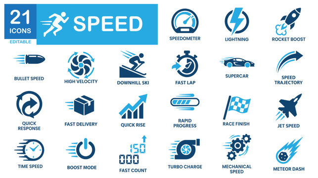Speed solid icon set. Includes symbols for Stopwatch, Flash, and Rocket. Vectors for apps.
