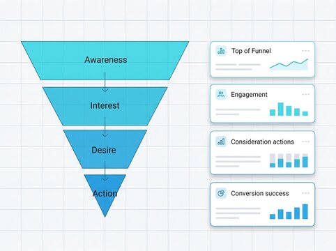 Digital Marketing Sales Funnel Infographic with AIDA Model and Analytics Dashboard UI Concept