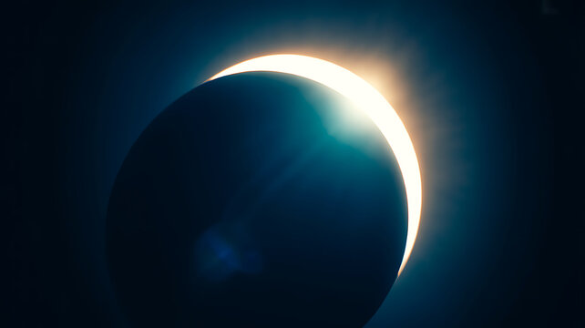 Ring of fire solar eclipse with bright glowing corona against dark blue night sky background 