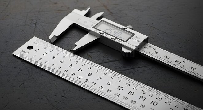 Precision Tools: A digital caliper and a metal ruler are laid out on a dark surface, showcasing instruments for accurate measurement and engineering.
