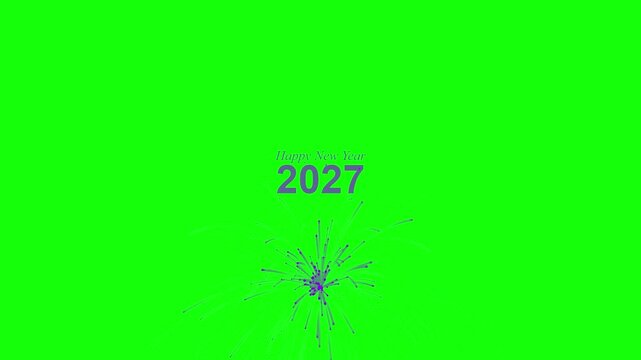 Happy New Year 2027 text with purple firework on green screen