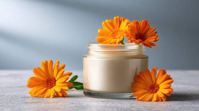 Calendula flower face moisturizer skin care cream jar beauty product cosmetic cream Glass jar of face moisturizer with calendula flower gray table
