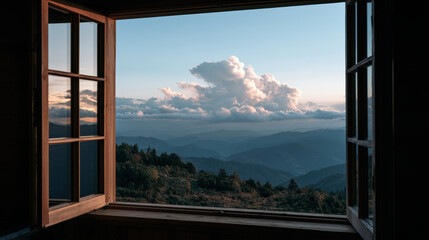 Fototapeta premium Window mountain landscape sky cloud cabin wooden sunrise