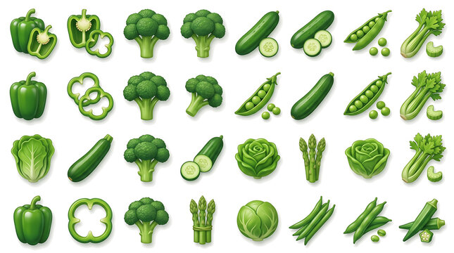 Green vegetable icon set, 32 fresh organic produce illustrations. Healthy vegan food collection, flat vector garden vegetables for menu design.