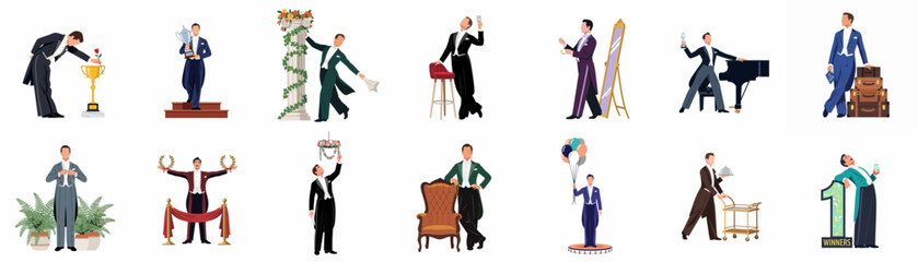 Obraz premium Set of vintage style illustrations featuring a man in a tuxedo in various poses, depicting themes of success, elegance, and luxury.