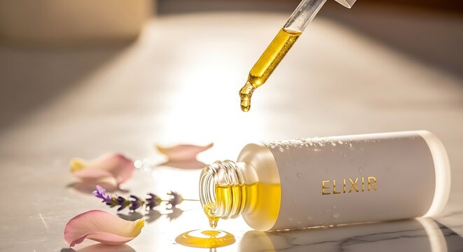 A glass dropper dispensing golden oil into a white bottle labeled elixir with scattered lavender flowers and rose petals on a marble surface