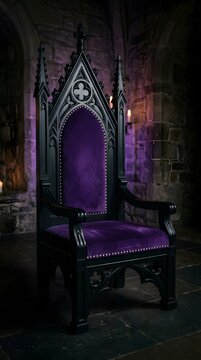 Gothic black throne with purple velvet cushion in dark cathedral photography