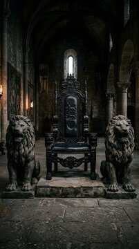 Ornate black throne with stone lion statues in a dark cathedral setting photography