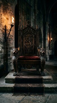 Ornate medieval throne with red velvet cushion in dark stone castle hall photography
