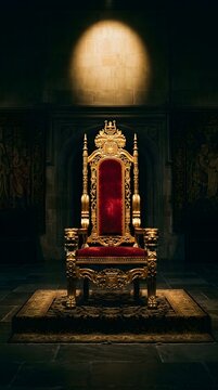 Ornate golden throne with red velvet seat in dark room illuminated by spotlight photography