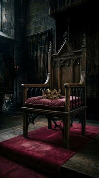 Ornate wooden throne with golden crown in dark medieval castle hall photography