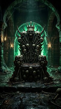 Skull throne in dark dungeon with eerie green lighting 3D render fantasy setting