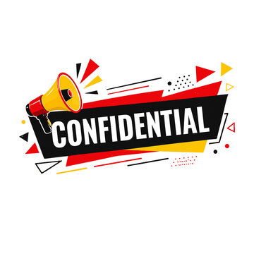 Confidential text label with a megaphone icon for urgent business announcements and important security alerts in a professional red and yellow graphic style isolated on transparent background