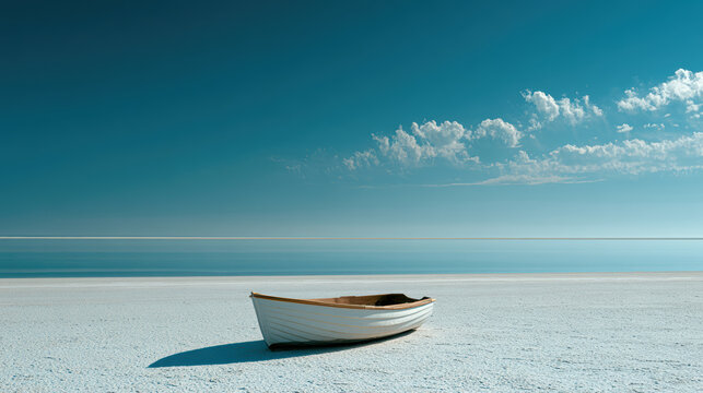 Small boat shore sand sea blue sky cloud horizon tranquil seascape with small boat resting sandy shore blue sky and cloud, calm sea, peaceful mood