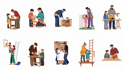 Fototapeta premium Set of illustrations depicting parents and children engaged in DIY woodworking and home repair projects, showing bonding, learning, and teamwork across generations.