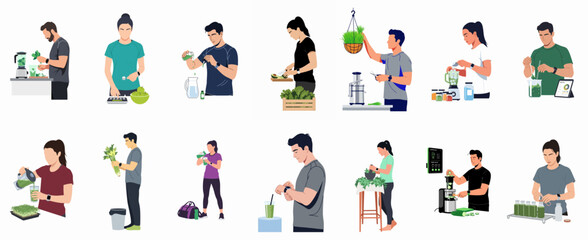 Fototapeta premium Set of flat vector illustrations depicting people preparing and drinking healthy green smoothies, promoting fitness, nutrition, and a wellness lifestyle.