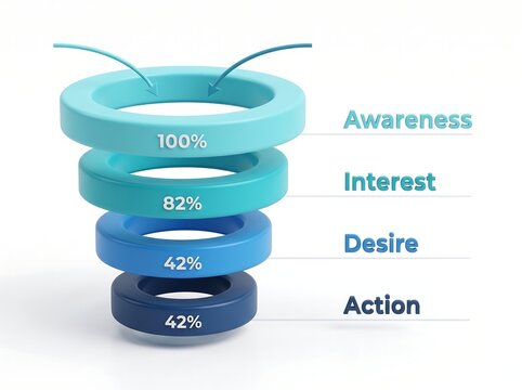 Diagram Corong Pemasaran 3D dengan Model AIDA dan Persentase (Desain Infografis Bersih)