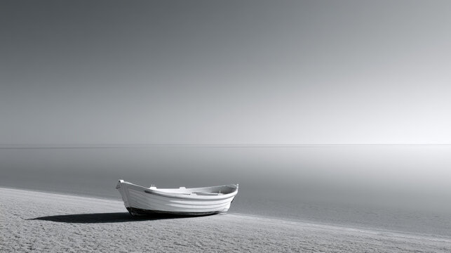 Small boat shore beach calm sea sand minimal