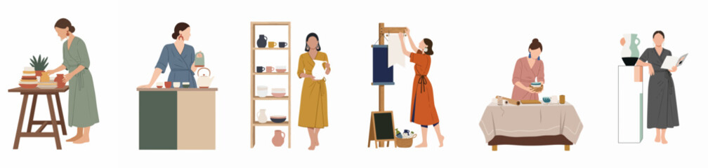 Fototapeta premium Set of minimalist flat vector illustrations depicting women engaged in creative crafts, pottery making, and professional retail roles against a white background.