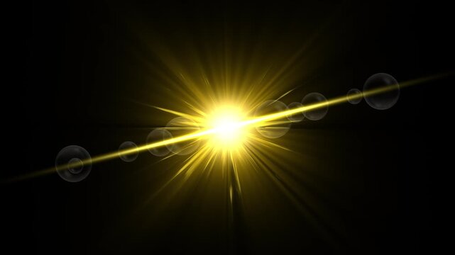 golden Lens Flare Magical Flash Light with Bright Sunlight and a Realistic Lens Flare Animation. Optical Rays, 4k Loop Rotating Flickering Glow Star Lights Optical Shiny Lighting Lamp Rays Effect