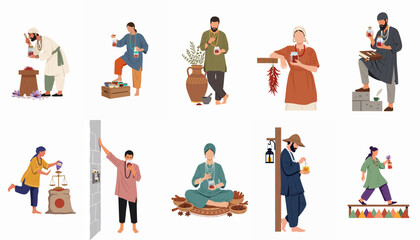 Fototapeta premium Ten minimalist flat illustrations of diverse people engaged in traditional spice and herb commerce, preparation, and trade activities.
