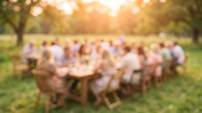 Soft focus view of group of people sitting at long rustic table for outdoor banquet in lush green field at sunset with warm golden hour lighting for festive social gathering event
