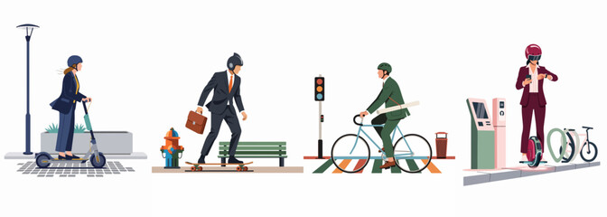 Vector illustration of diverse urban commuters using eco-friendly personal transportation methods like electric scooters, bicycles, and skateboards in a modern city setting. © Ricardo
