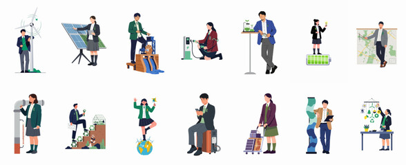 Fototapeta premium Set of Flat Vector Illustrations Featuring People Engaged with Renewable Energy, Green Technology, and Environmental Sustainability Practices.