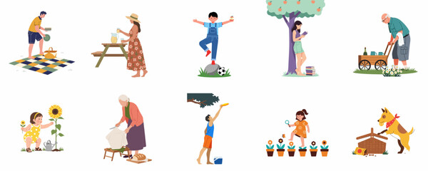 Collection of flat vector characters representing diverse ages enjoying outdoor summer activities such as picnicking, gardening, reading, and playing in the garden.