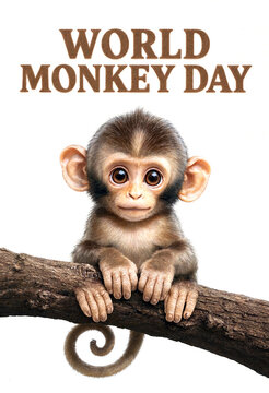 Adorable baby monkey hanging on a tree branch celebrating world monkey day event
