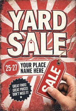 Vintage yard sale poster design with bold typography and sale tag for advertising events