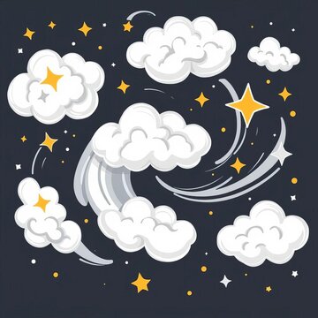 Swirling white clouds with dark gray accents feature stars and dots in a whimsical illustration, fantasy, dreamlike