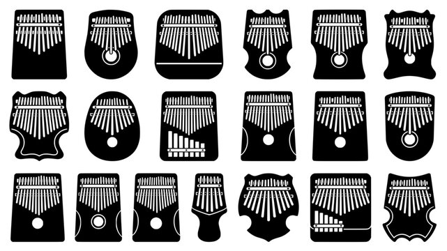 a collection of eighteen black silhouette kalimba thumb piano icons isolated on a white background