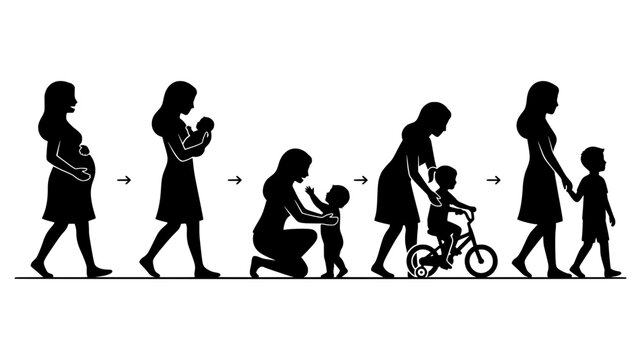 a sequence of black silhouettes illustrating a mother's journey from pregnancy to raising a child