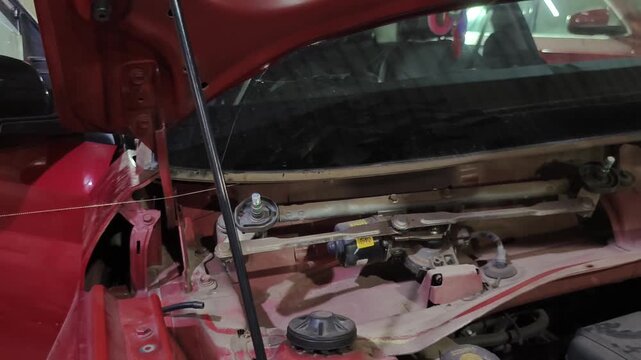 Professional Technician Removing and Installing Front Windshield Glass on Red Car in Automotive Workshop, Windshield Replacement Service, Auto Glass Repair, Vehicle Maintenance and Car Repair