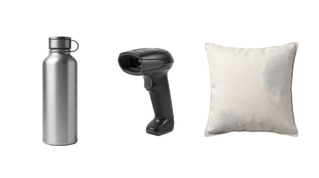 PNG collection of a metal water bottle, a barcode scanner, and a decorative pillow isolated on transparent background
