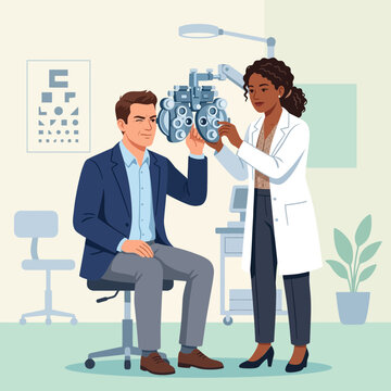 Optometrist examining patient's eyes with phoropter in a modern clinic, flat vector illustration