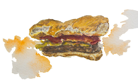 Bitten Cheeseburger with Juicy Sauce Splash Watercolor Illustration