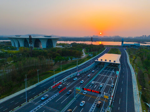 Yuliangzhou Tunnel Opens at Dusk - Xiangyang Aerial Highway View