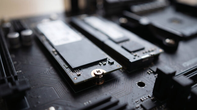 Multiple m.2 solid state drives mounted on a motherboard