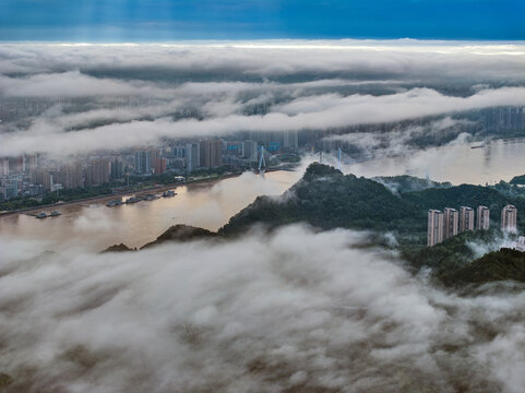 Chongqing City Aerial View Through Clouds and Mist Over Yangtze River Gorge