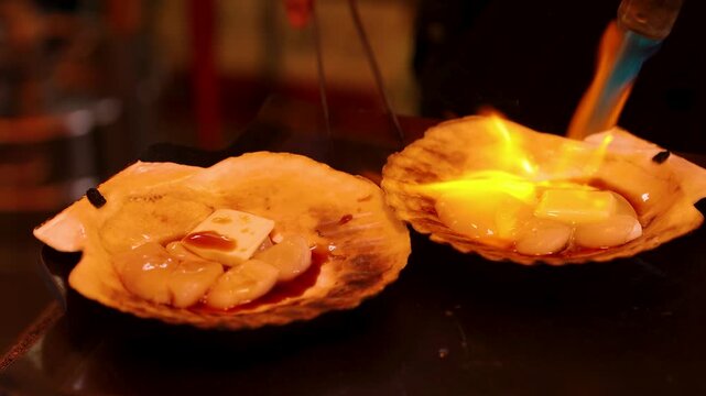 Japanese Street Food Chef Grilling Scallops with Butter and Blowtorch