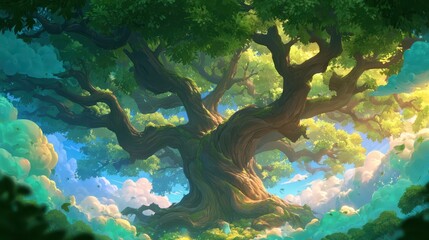 Obraz premium Majestic Ancient Tree Above Clouds in Magical Fantasy World Game Background
